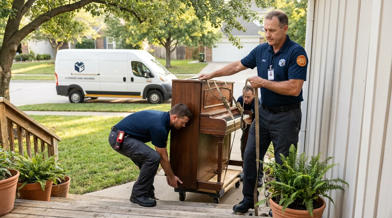 Licensed piano movers securing grand piano in Arco, ID