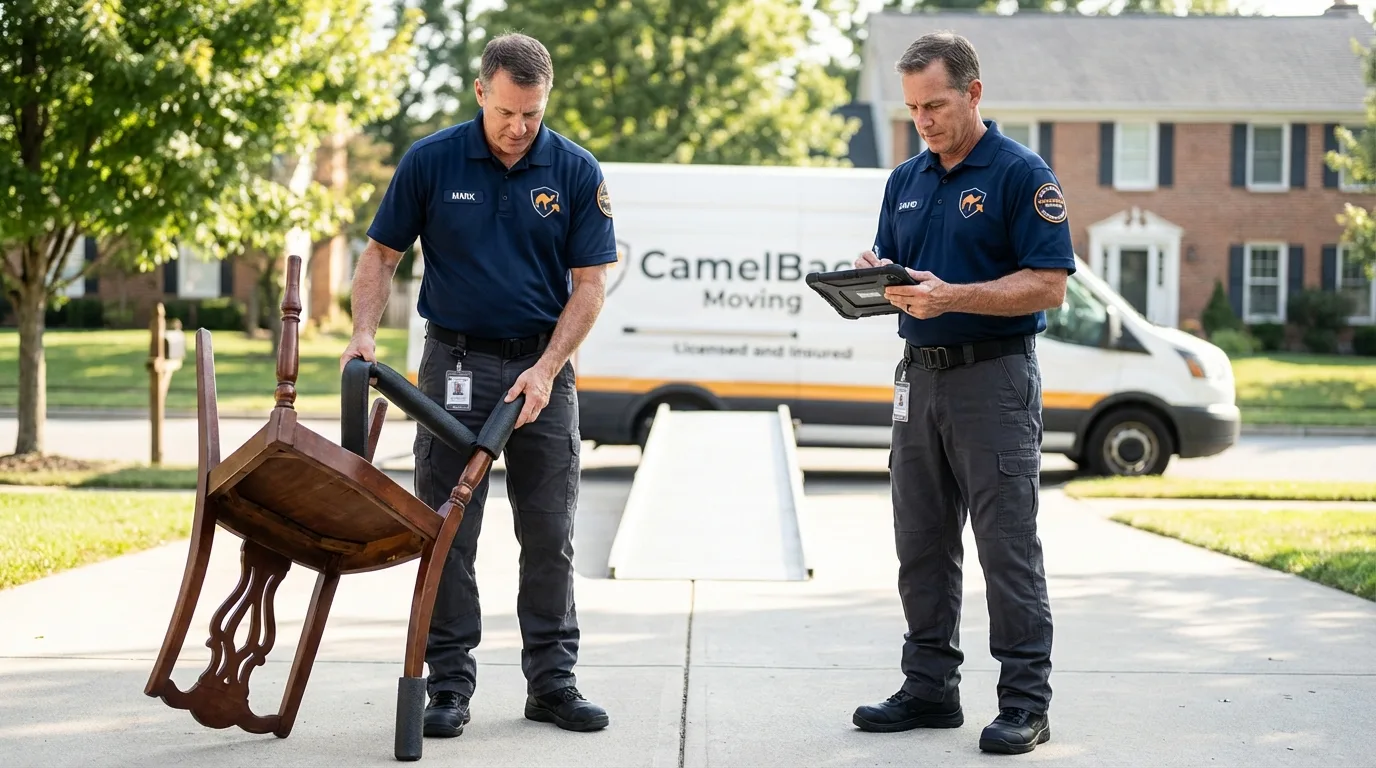 Movers inspecting furniture for damage prevention before loading in Arco, ID